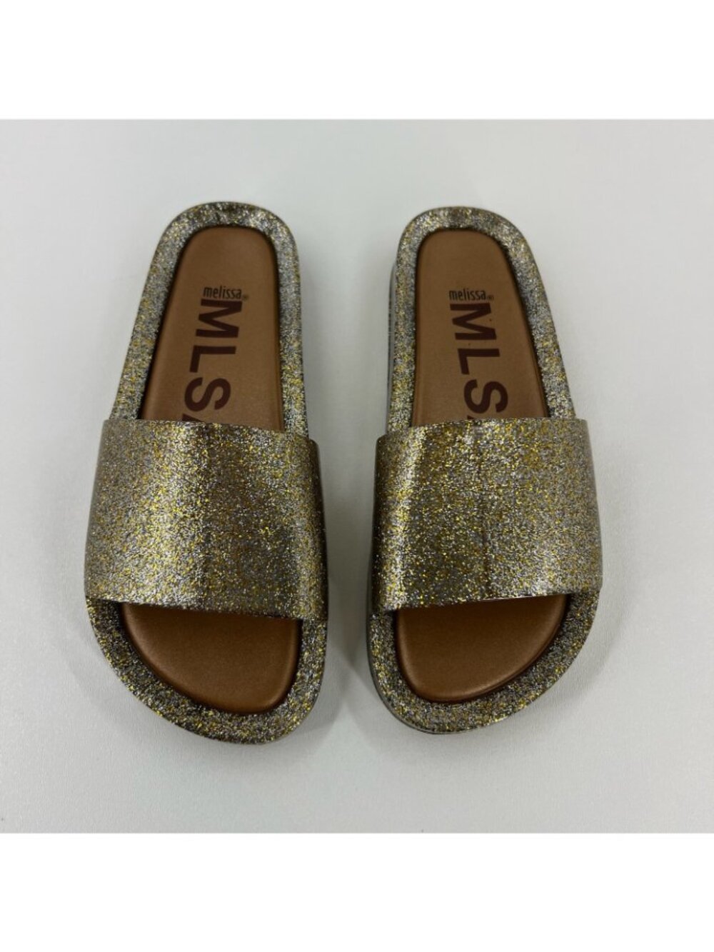 Melissa Beach Slide Sandals Womens 40 Jelly Slip On Flat Pool Shoes Gold Glitter - Picture 6 of 11